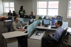 people working and collaborating at low partition workstations